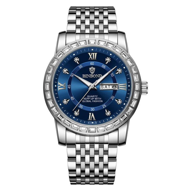 BINBOND B2202 Diamond Dual-calendar Luminous Quartz Watch, Color: White Steel-Blue - free shipping - PMC TechLife - Order now!