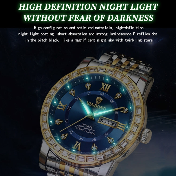 BINBOND B2202 Diamond Dual-calendar Luminous Quartz Watch, Color: Full-gold-Black - free shipping - PMC TechLife - Order now!