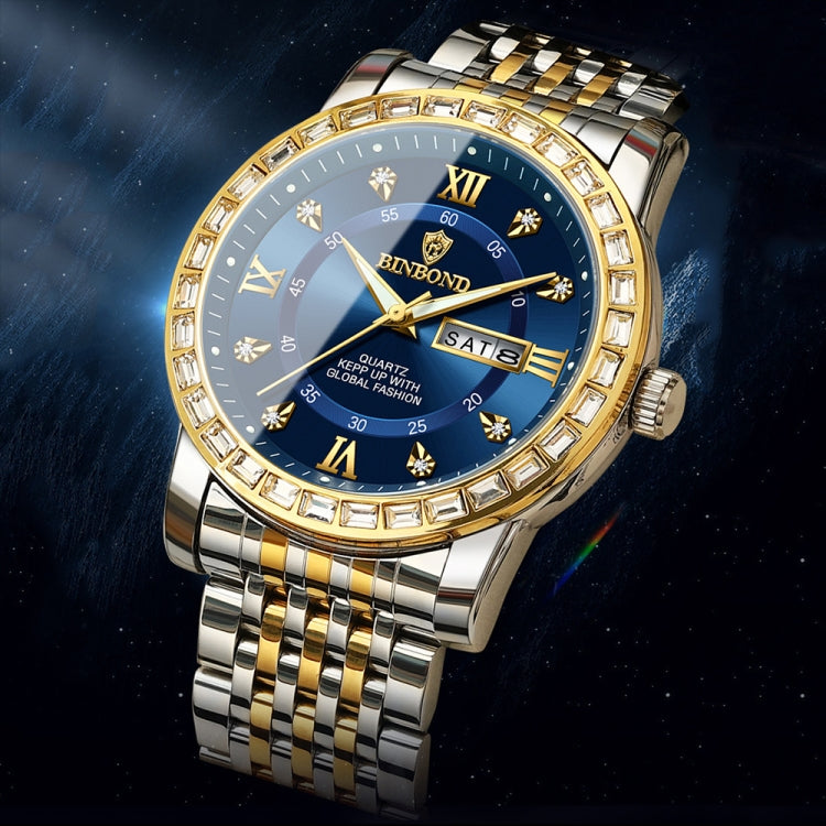 BINBOND B2202 Diamond Dual-calendar Luminous Quartz Watch, Color: Inter-gold-Black - free shipping - PMC TechLife - Order now!