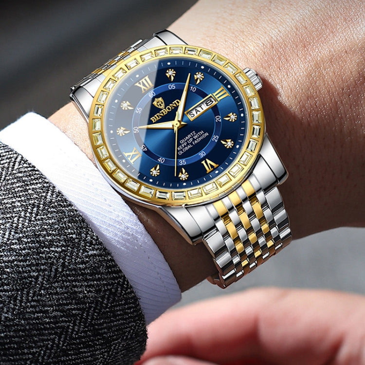 BINBOND B2202 Diamond Dual-calendar Luminous Quartz Watch, Color: Inter-gold-White - free shipping - PMC TechLife - Order now!