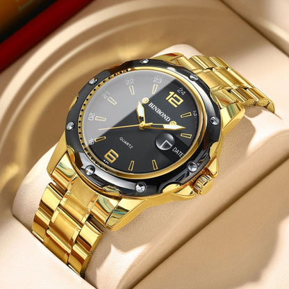 BINBOND B9696 Outdoor Calendar Luminous Waterproof Quartz Watch, Color: Full Gold-Black-Gold Nail - Metal Strap Watches by BINBOND | Online Shopping South Africa | PMC Jewellery | Buy Now Pay Later Mobicred