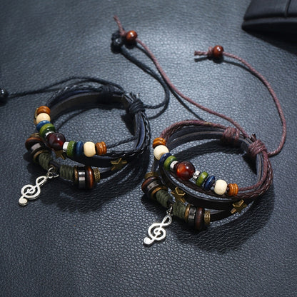 Simple Multi-Layer Beaded Leather Bracelet Personalized Musical Note Charm Bracelet(Black) - Bracelets by PMC Jewellery | Online Shopping South Africa | PMC Jewellery | Buy Now Pay Later Mobicred