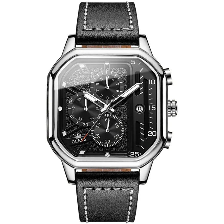 OLEVS 9950 Square Multifunctional Men Quartz Watch(Black Silver) - Leather Strap Watches by OLEVS | Online Shopping South Africa | PMC Jewellery | Buy Now Pay Later Mobicred