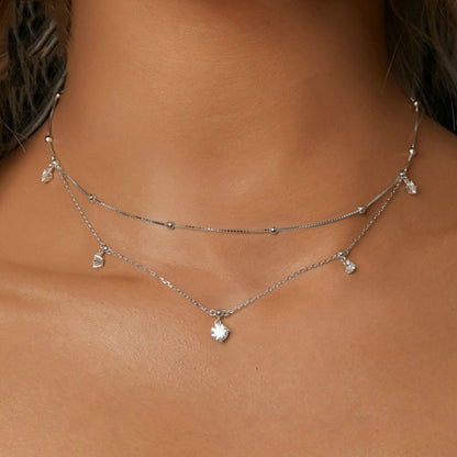 S925 Sterling Silver Platinum-plated Tassel Moissanite Double-layer Necklace(MSN034) - Necklaces & Pendants by PMC Jewellery | Online Shopping South Africa | PMC Jewellery | Buy Now Pay Later Mobicred