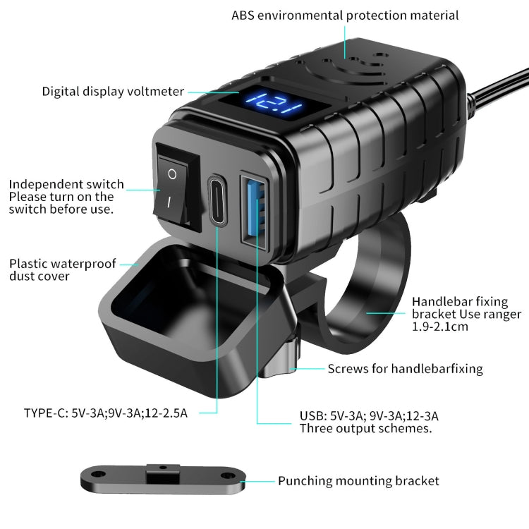 PD3.0 Motorcycle USB Mobile Phone Charger Digital Voltage Meter with Switch(Green Screen) - Battery Charger by PMC Jewellery | Online Shopping South Africa | PMC Jewellery | Buy Now Pay Later Mobicred