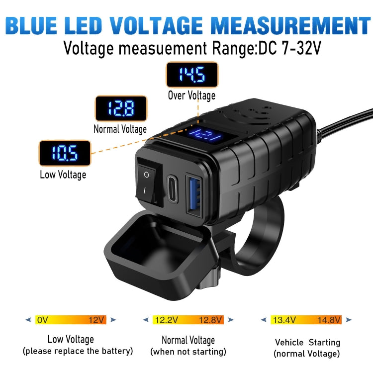 PD3.0 Motorcycle USB Mobile Phone Charger Digital Voltage Meter with Switch(Green Screen) - Battery Charger by PMC Jewellery | Online Shopping South Africa | PMC Jewellery | Buy Now Pay Later Mobicred