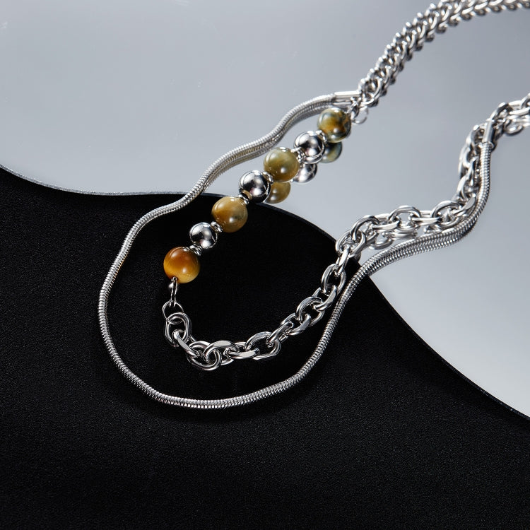 OPK GX2414 Personalized Simple Stainless Steel Double Layer Chain Splicing Tiger Eye Stone Necklace - Necklaces & Pendants by OPK | Online Shopping South Africa | PMC Jewellery | Buy Now Pay Later Mobicred