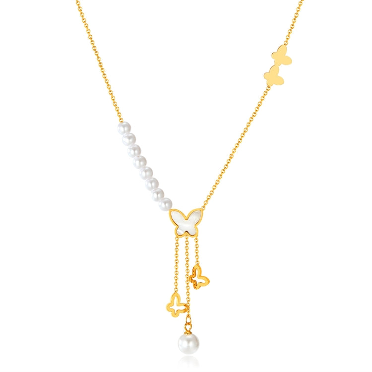 OPK GX2433 Vintage Hollow Butterfly Tassel Pearl Pendant Stainless Steel Necklace - Necklaces & Pendants by OPK | Online Shopping South Africa | PMC Jewellery | Buy Now Pay Later Mobicred