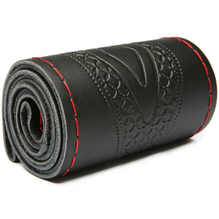 38cm Four-Season Embossed Hand-Sewn Cowhide Steering Wheel Cover(Black+Red Line) - Steering Wheel Accessories by PMC TechLife | Online Shopping South Africa | PMC TechLife | Buy Now Pay Later Mobicred