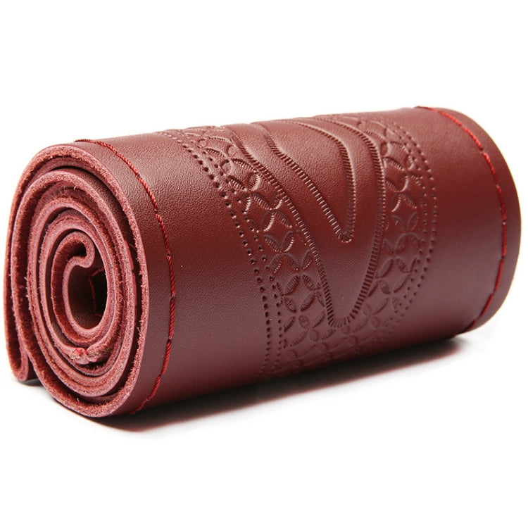 38cm Four-Season Embossed Hand-Sewn Cowhide Steering Wheel Cover(Wine Red) - Steering Wheel Accessories by PMC TechLife | Online Shopping South Africa | PMC TechLife | Buy Now Pay Later Mobicred