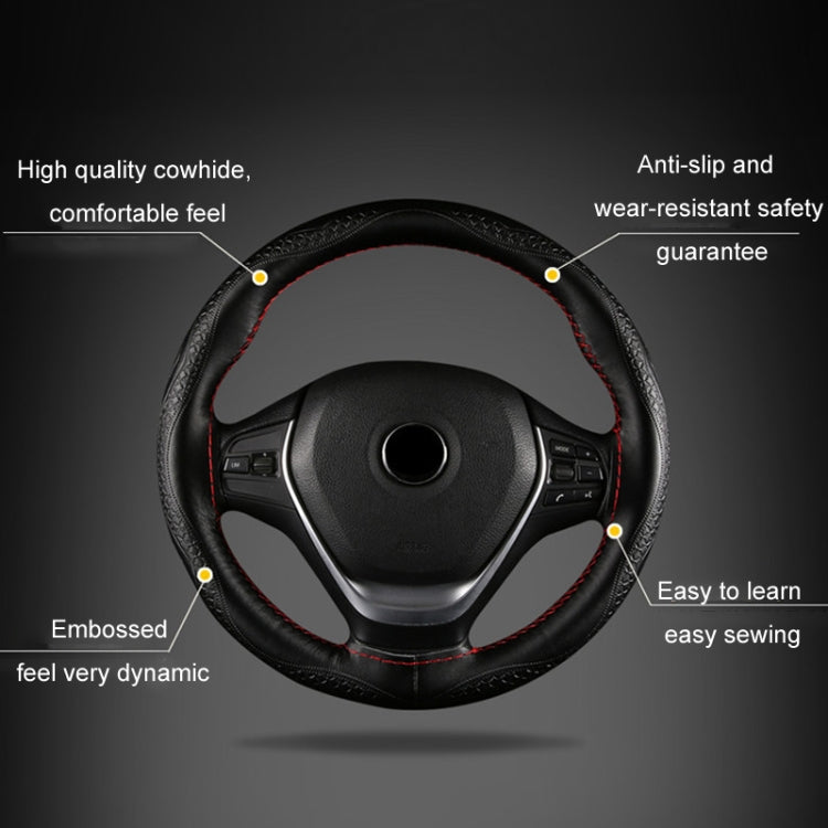 38cm Four-Season Embossed Hand-Sewn Cowhide Steering Wheel Cover(Brown) - Steering Wheel Accessories by PMC TechLife | Online Shopping South Africa | PMC TechLife | Buy Now Pay Later Mobicred