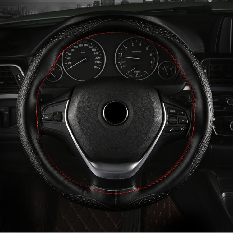 38cm Four-Season Embossed Hand-Sewn Cowhide Steering Wheel Cover(Wine Red) - Steering Wheel Accessories by PMC TechLife | Online Shopping South Africa | PMC TechLife | Buy Now Pay Later Mobicred