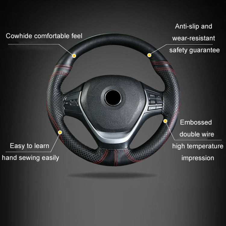 38cm Cowhide Embossed Hand-Stitched Double-Line Steering Wheel Cover(Black White Line) - Steering Wheel Accessories by PMC TechLife | Online Shopping South Africa | PMC TechLife | Buy Now Pay Later Mobicred