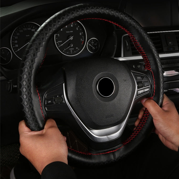38cm Four-season Embossed Hand-sewn Cowhide Steering Wheel Cover(Wine Red) - Steering Wheel Accessories by PMC TechLife | Online Shopping South Africa | PMC TechLife | Buy Now Pay Later Mobicred
