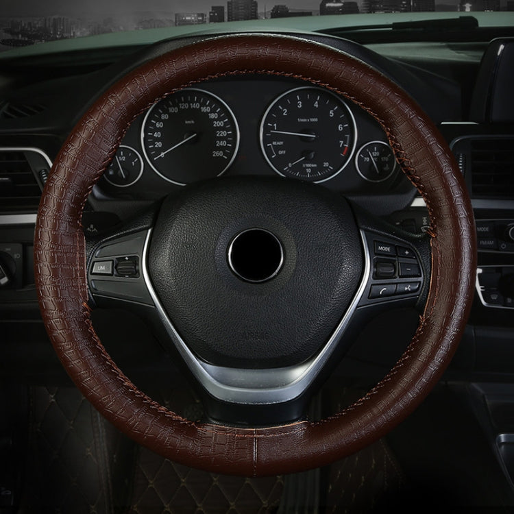 38cm Four-season Embossed Cowhide Hand-sewn Steering Wheel Cover(Black+Black Line) - Steering Wheel Accessories by PMC TechLife | Online Shopping South Africa | PMC TechLife | Buy Now Pay Later Mobicred