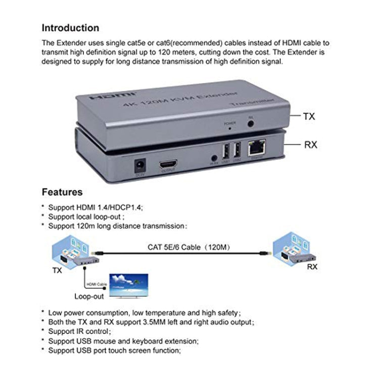 KVM 120m 4K HD Extender Computer Mouse Keyboard HDMI Single Ethernet Cable Transmitter + Receiver UK Plug(Gray) - Amplifier by PMC Jewellery | Online Shopping South Africa | PMC Jewellery | Buy Now Pay Later Mobicred