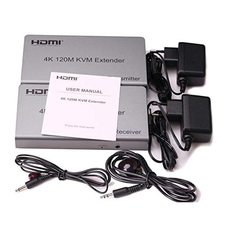 KVM 120m 4K HD Extender Computer Mouse Keyboard HDMI Single Ethernet Cable Transmitter + Receiver UK Plug(Gray) - Amplifier by PMC Jewellery | Online Shopping South Africa | PMC Jewellery | Buy Now Pay Later Mobicred