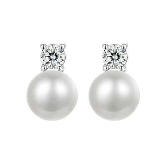 S925 Sterling Silver Platinum-plated Moissanite Pearl Earrings, Size: 0.1 Carat - Stud Earrings & Earrings by PMC Jewellery | Online Shopping South Africa | PMC Jewellery | Buy Now Pay Later Mobicred