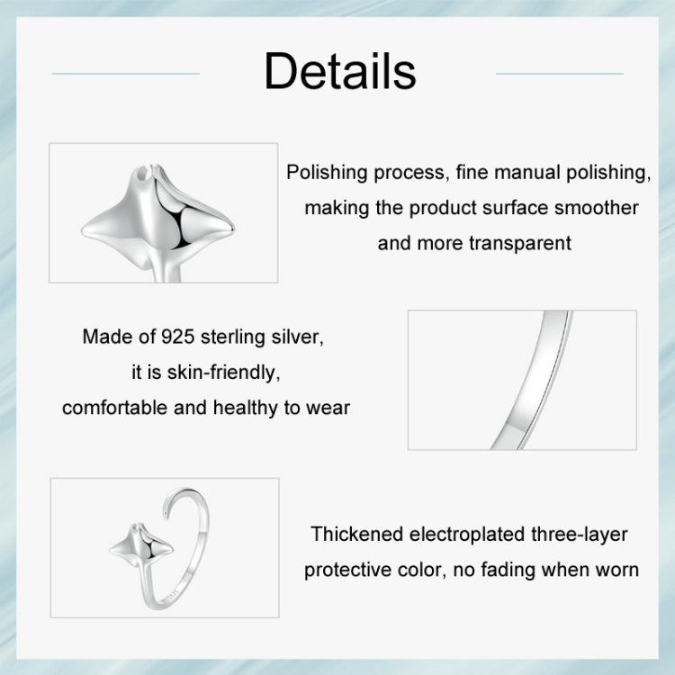 S925 Sterling Silver Platinum-Plated Ocean Manta Ray Adjustable Open Ring(SCR1037-E) - Rings by PMC Jewellery | Online Shopping South Africa | PMC Jewellery | Buy Now Pay Later Mobicred