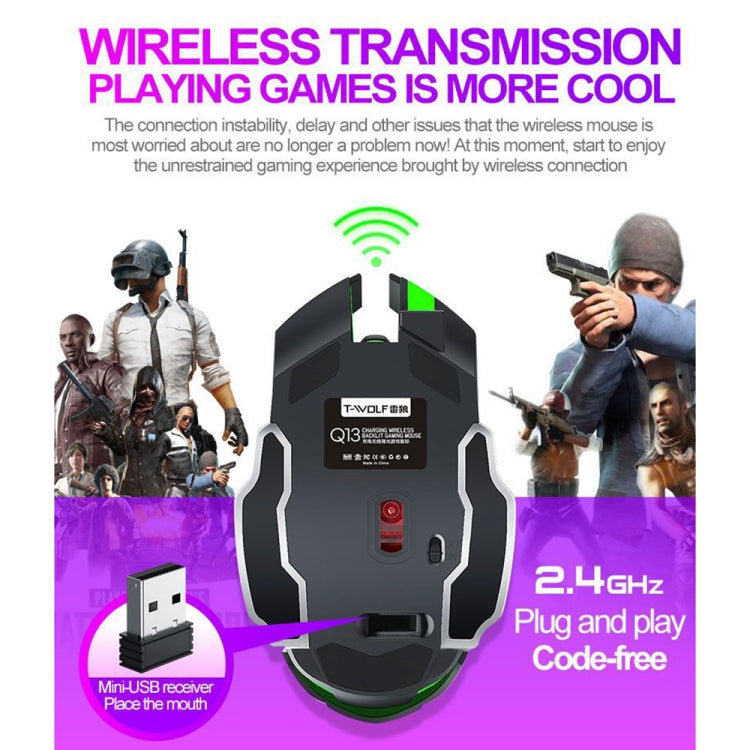 T-WOLF Q13 2.4GHz 6-keys RGB Colorful Light Gaming Wireless Mouse, Color: Single Mode White - Wireless Mice by T-WOLF | Online Shopping South Africa | PMC TechLife | Buy Now Pay Later Mobicred