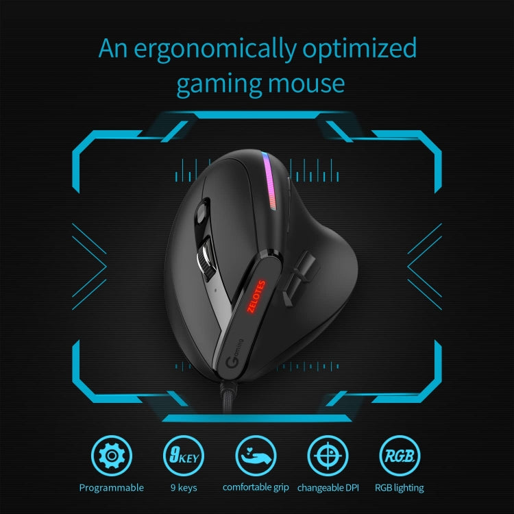 ZELOTES T50 9-Keys RGB Lighting Effect Vertical Grip Ergonomic Programming Wired Mouse(Black) - free shipping - PMC TechLife - Order now!