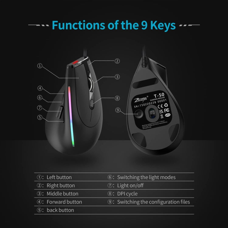 ZELOTES T50 9-Keys RGB Lighting Effect Vertical Grip Ergonomic Programming Wired Mouse(Black) - free shipping - PMC TechLife - Order now!