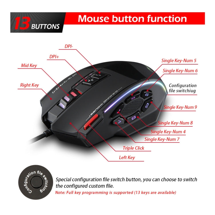 ZELOTES C13 13-keys RGB Lighting Effect Programming Macro Custom Gaming Wired Mouse(Black) - free shipping - PMC TechLife - Order now!