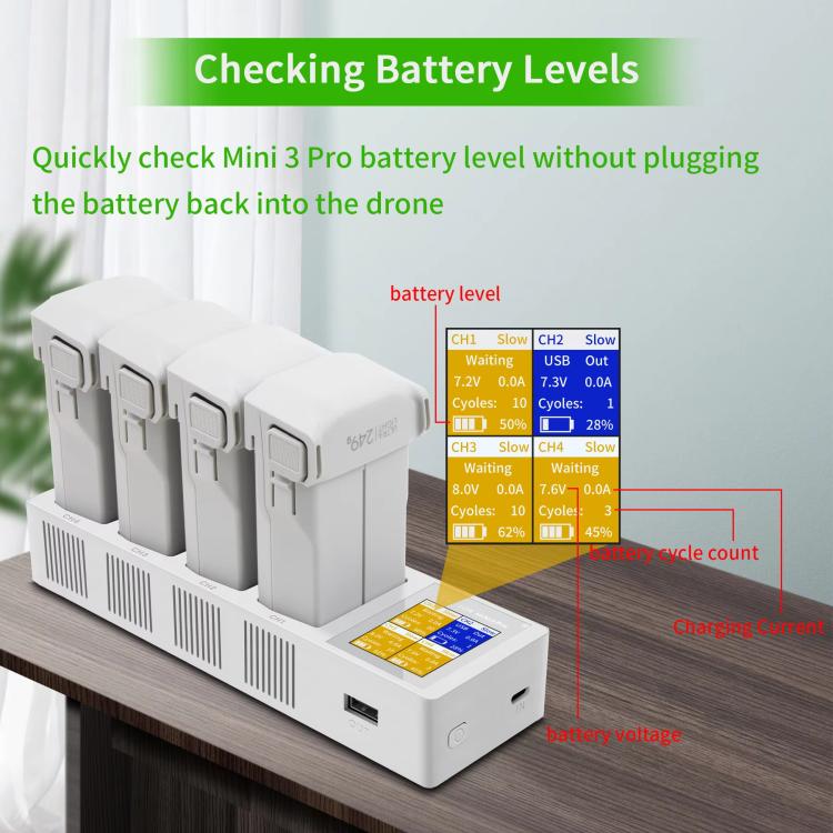 For DJI Mini 4 Pro / Mini 3 Pro / Mini 3 YX Four-Way Color Screen Charger Battery Manager(Light Gray) - free shipping - PMC TechLife - Order now!