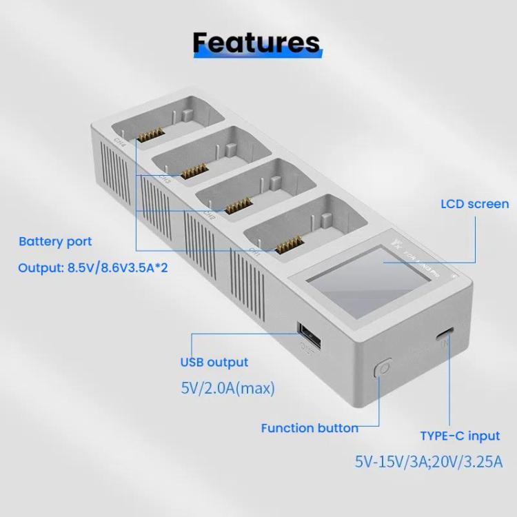 For DJI Mini 4 Pro / Mini 3 Pro / Mini 3 YX Four-Way Color Screen Charger Battery Manager(Light Gray) - free shipping - PMC TechLife - Order now!