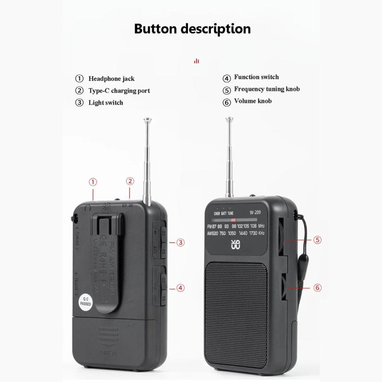 W-209 Mini Portable Rechargeable / Battery Dual-mode Powered Pointer FM Radio with Flashlight(White) - Radio Player by PMC TechLife | Online Shopping South Africa | PMC TechLife | Buy Now Pay Later Mobicred