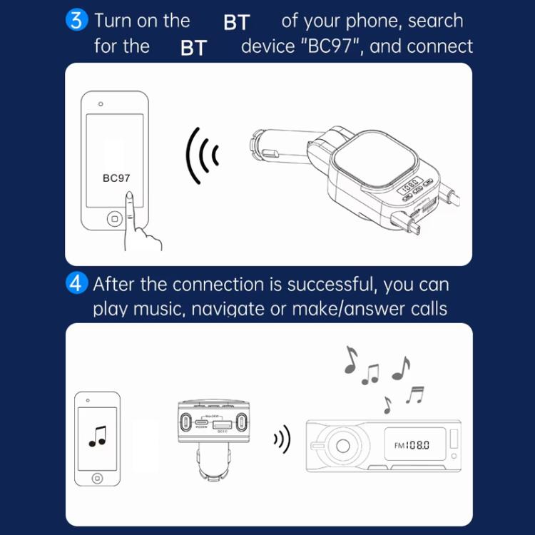 BC97 Dual Retractable Cable Car Charger Automobile Bluetooth MP3 Player - Car Charger by PMc TechLife | Online Shopping South Africa | PMc TechLife | Buy Now Pay Later Mobicred