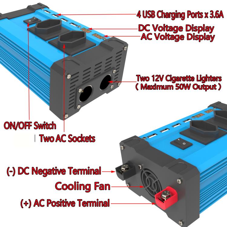 Gurxun 4 USB Ports Digital Display Modified Square Wave Inverter, Spec: 500W Brazil Plug 12V To 110V - free shipping - PMC TechLife - Order now!