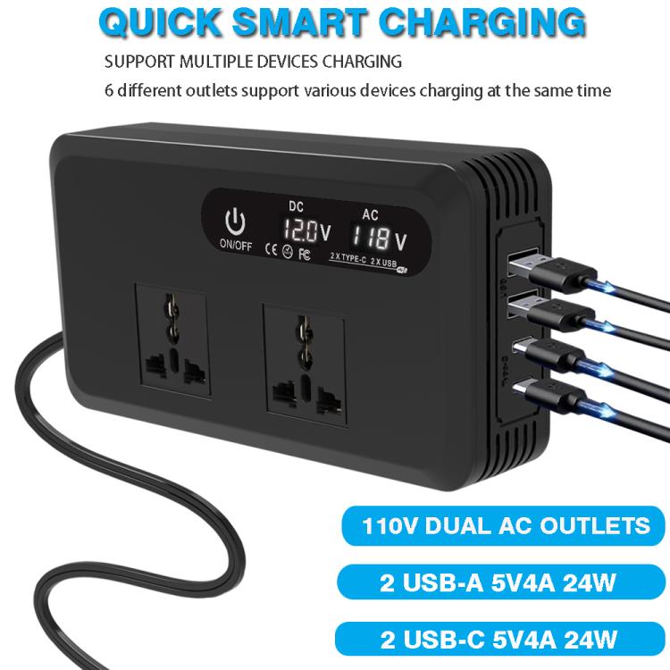 Gurxun Dual Digital Display Car Inverter With 2 USB+2 Type-C Ports US Plug 110V - free shipping - PMc TechLife - Order now!