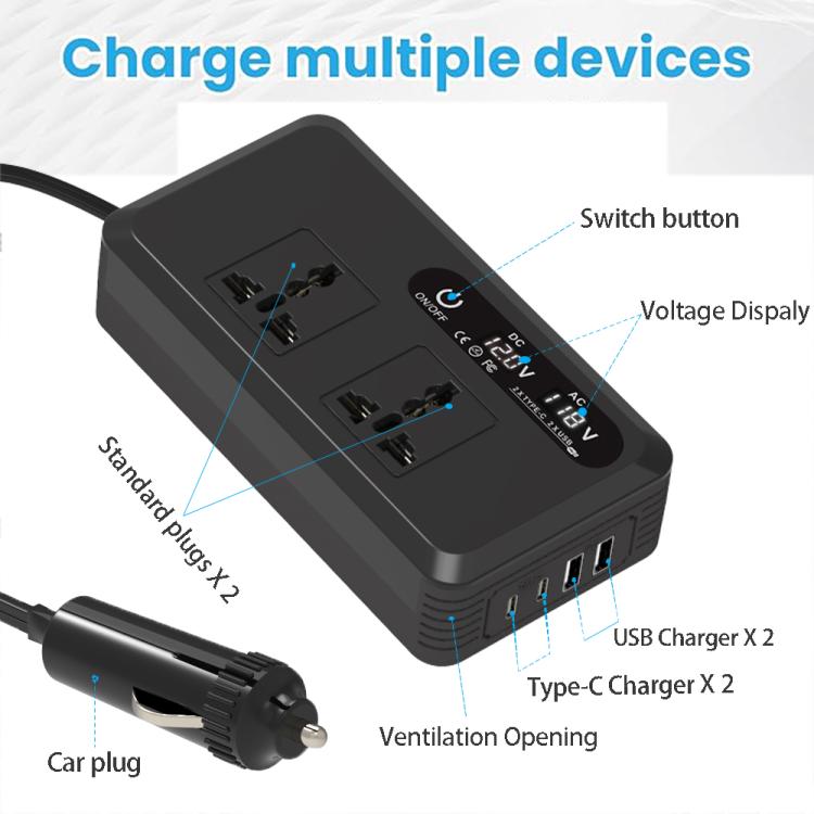 Gurxun Dual Digital Display Car Inverter With 2 USB+2 Type-C Ports US Plug 110V - free shipping - PMc TechLife - Order now!