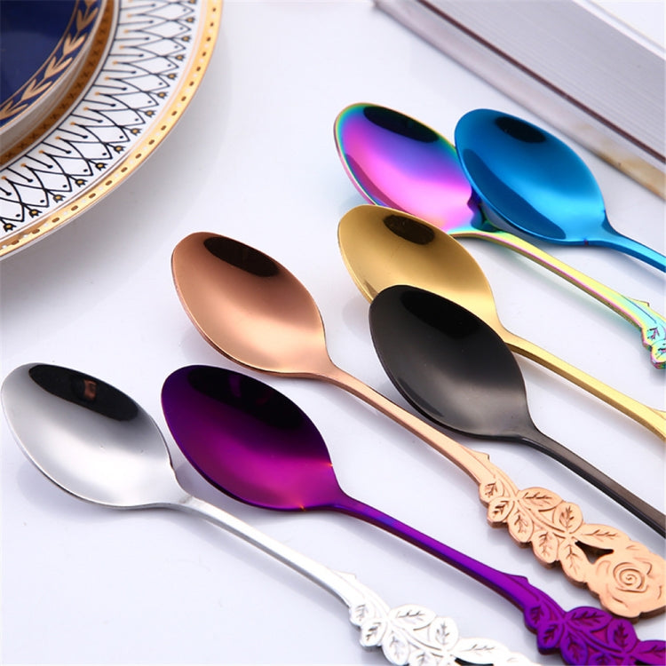 Small Mini Stainless Steel Rose Flower Coffee Spoon Strring Spoon Teaspoon Tea Spoon Dessert Spoon Long Handle Tableware(Black Gold) - free shipping - PMC TechLife - Order now!
