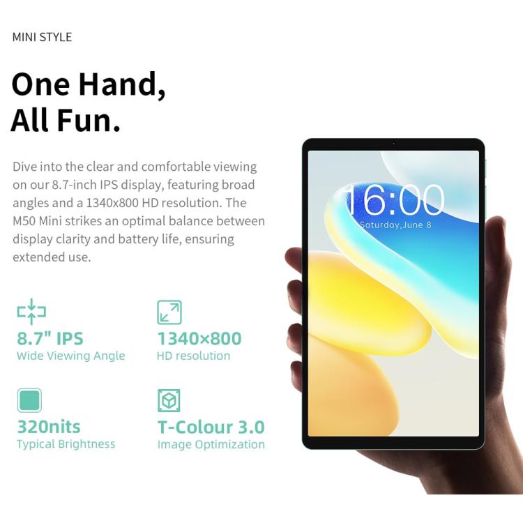 Teclast M50 Mini WiFi Tablet PC, 4GB+128GB, 8.7 inch Android 15 Unisoc T606 Octa Core - free shipping - PMc TechLife - Order now!