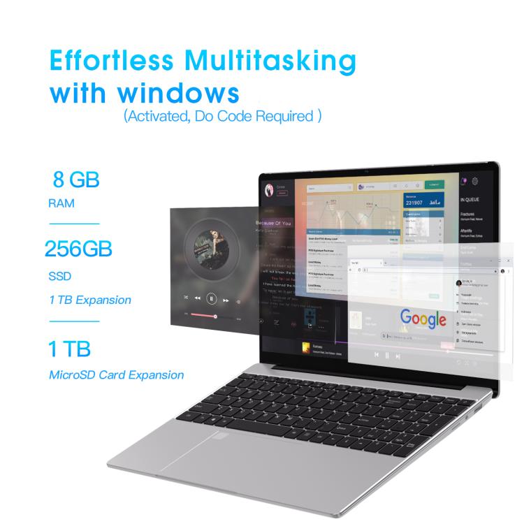 N5095 15.6 inch Laptop, 8GB+256GB, Windows 11 Intel Celeron N5095 Quad Core, Support Fingerprint Unlock, EU Plug (Silver) - free shipping - PMc TechLife - Order now!