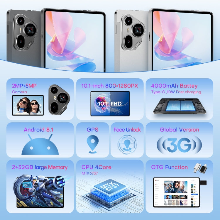Pad7 Ultra 10.1 inch 3G Phone Call Tablet PC, 2GB+32GB, Android 8.1 MTK6737 Quad Core, EU Plug (Silver) - free shipping - PMc TechLife - Order now!