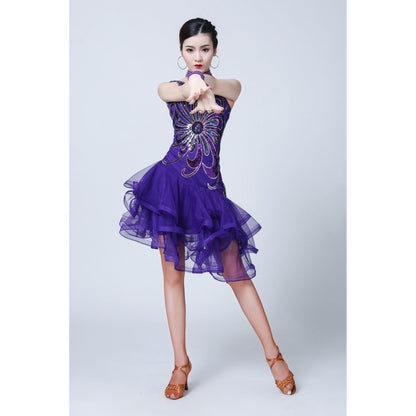 5 in 1 Sleeveless Latin Dance Dress + Collar + Separate Bottoms + Bracelets Set (Color:Purple Size:M) - Dress by PMC Jewellery | Online Shopping South Africa | PMC Jewellery