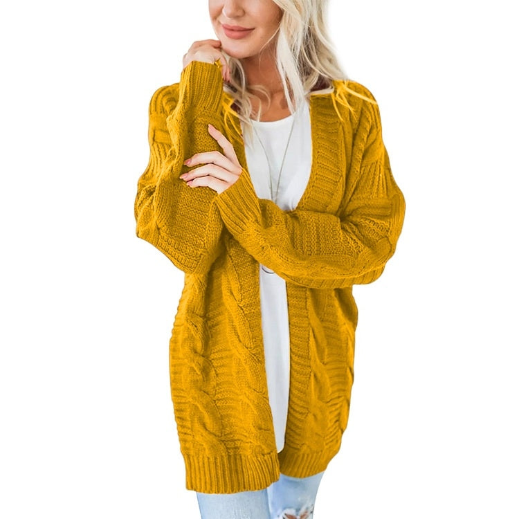 Mid-length Style Solid Color Thick Thread Twist Cardigan Knit Sweater (Color:Yellow Size:S) - Sweater by PMC Jewellery | Online Shopping South Africa | PMC Jewellery