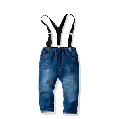 Children Long-sleeved Shirt + Denim Suspenders And Trousers Two-piece Suit (Color:Blue Size:130) - Boy Clothing by PMC Jewellery | Online Shopping South Africa | PMC Jewellery