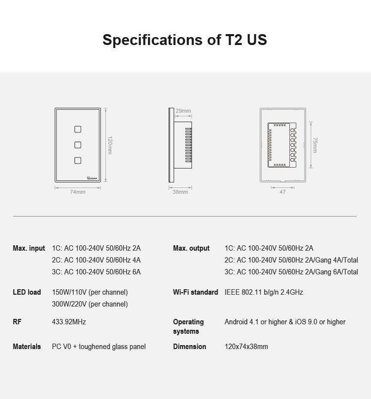 Sonoff T2 Touch 120mm Tempered Glass Panel Wall Switch Smart Home Light Touch Switch, Compatible with Alexa and Google Home, AC 100V-240V, US Plug - Smart Switch by PMC TechLife | Online Shopping South Africa | PMC TechLife