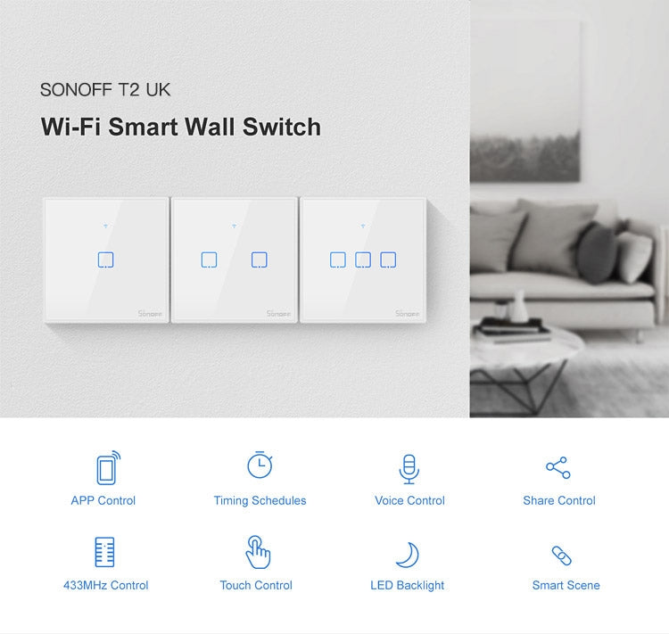 Sonoff T2 Touch 86mm Tempered Glass Panel Wall Switch Smart Home Light Touch Switch, Compatible with Alexa and Google Home, AC 100V-240V, UK Plug - Smart Switch by PMC TechLife | Online Shopping South Africa | PMC TechLife
