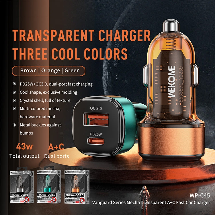 WK WP-C45 Vanguard Series Mecha Transparent USB+Type-C Fast Car Charger (Green) - Car Charger by WK | Online Shopping South Africa | PMC TechLife | Buy Now Pay Later Mobicred