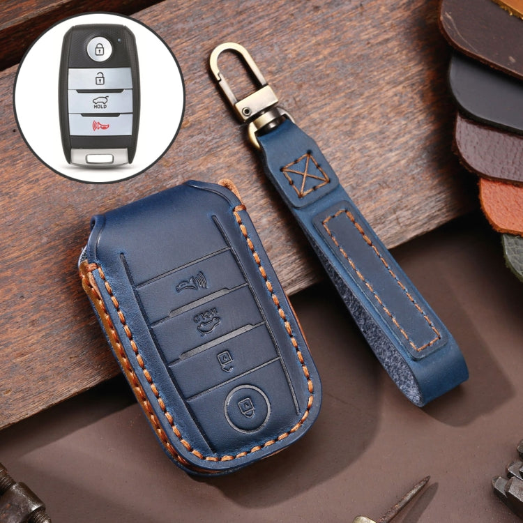 For Kia C133 4-button Hallmo Car Cowhide Leather Key Protective Cover Key Case(Blue) - Car Key Cases by Hallmo | Online Shopping South Africa | PMC TechLife | Buy Now Pay Later Mobicred