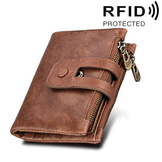 Genuine Cowhide Leather Crazy Horse Texture Zipper 3-folding Card Holder Wallet RFID Blocking Coin Purse Card Bag Protect Case for Men, Size: 12*9.5*3.5cm(Taupe) - Antimagnetic RFID Package by PMC Jewellery | Online Shopping South Africa | PMC Jewellery | Buy Now Pay Later Mobicred