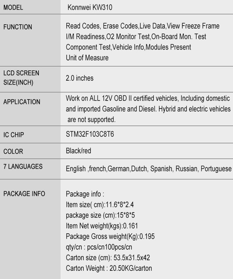 KONNWEI KW310 OBD Car Fault Detector Code Reader ELM327 OBD2 Scanner Diagnostic Tool(Black) - Code Readers & Scan Tools by KONNWEI | Online Shopping South Africa | PMC TechLife | Buy Now Pay Later Mobicred