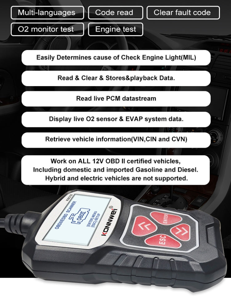 KONNWEI KW310 OBD Car Fault Detector Code Reader ELM327 OBD2 Scanner Diagnostic Tool(Black) - Code Readers & Scan Tools by KONNWEI | Online Shopping South Africa | PMC Jewellery | Buy Now Pay Later Mobicred