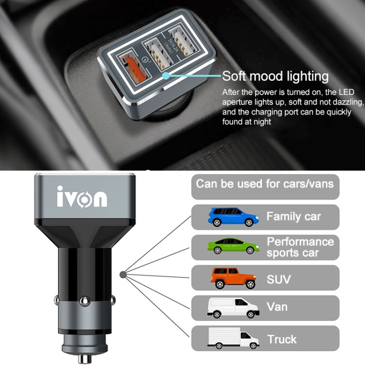 IVON CC36 39W 7.2A QC 3.0 USB + Dual USB Car Charger with Ambient Light - Car Charger by IVON | Online Shopping South Africa | PMC TechLife | Buy Now Pay Later Mobicred