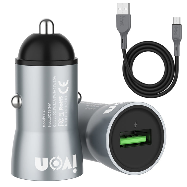 IVON CC39 18W 3.1A QC 3.0 USB Car Charger + 1m USB to USB-C / Type-C Fast Charge Data Cable Set - Car Charger by IVON | Online Shopping South Africa | PMC TechLife